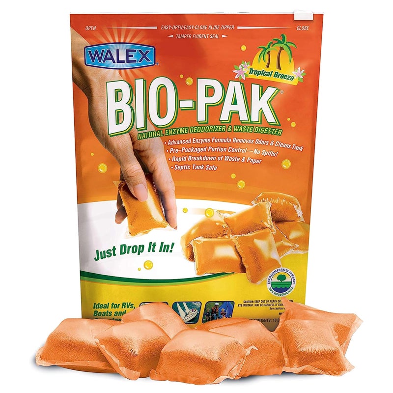 Walex Bio-Pak Black Holding Tank Deodorizer & Waste Digester Drop-Ins - Advanced Enzyme Formula for Rapid Breakdown of Waste & Paper, Removes Odors & Cleans Tank; Tropical Breeze, 10-Pack - Image 1